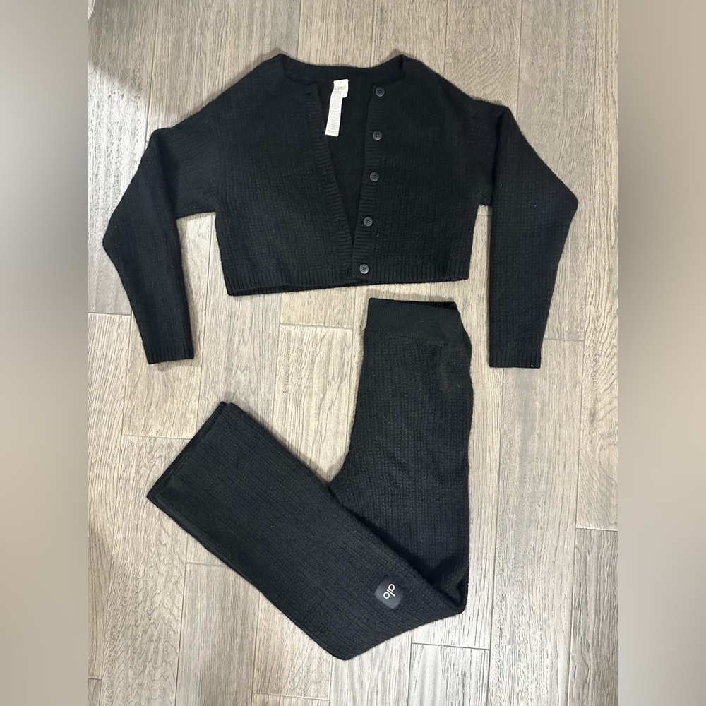 ALO Yoga (2PC) Cashmere Plush Waffle Cardigan + Pants Set Black XS